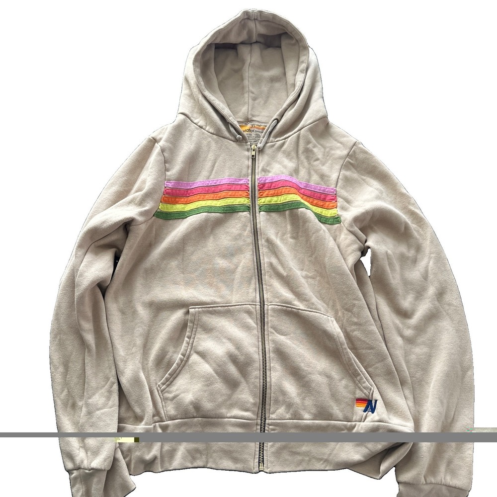 Aviator Nation 5 Stripe Full Zip Hoodie Vintage White/Neon Rainbow Women's Xl